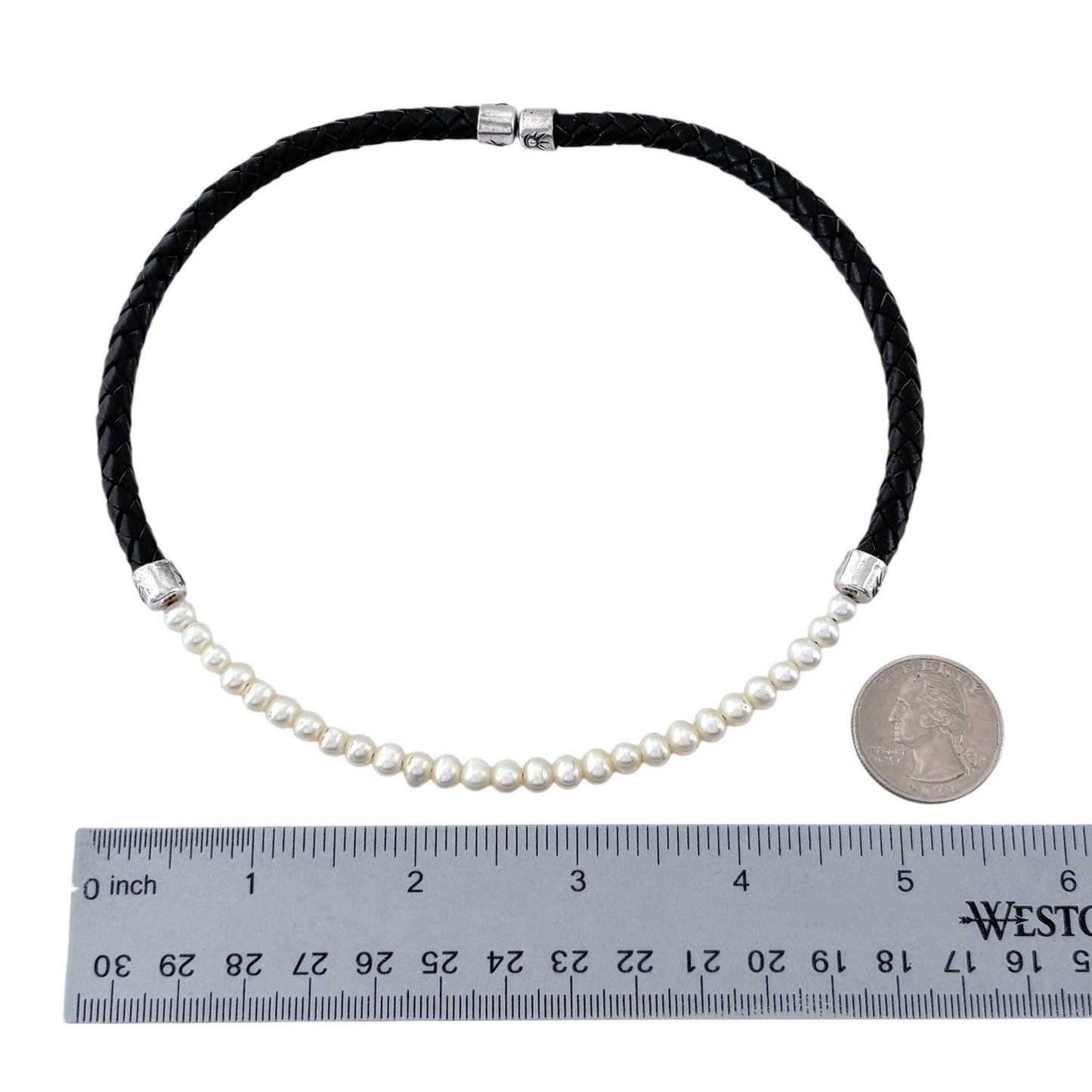Vintage Sterling Silver 925 Black Braided Leather Pearl Necklace 16.5"