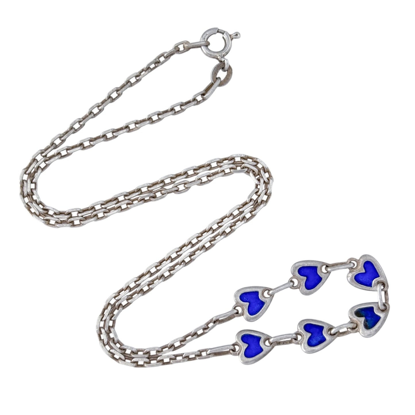 Vintage Sterling Silver Blue Enamel Heart Necklace 16"