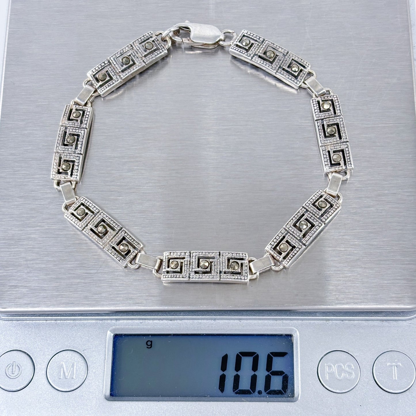 Estate Sterling Silver 925 Marcasite Greek Key Bracelet 7.5"