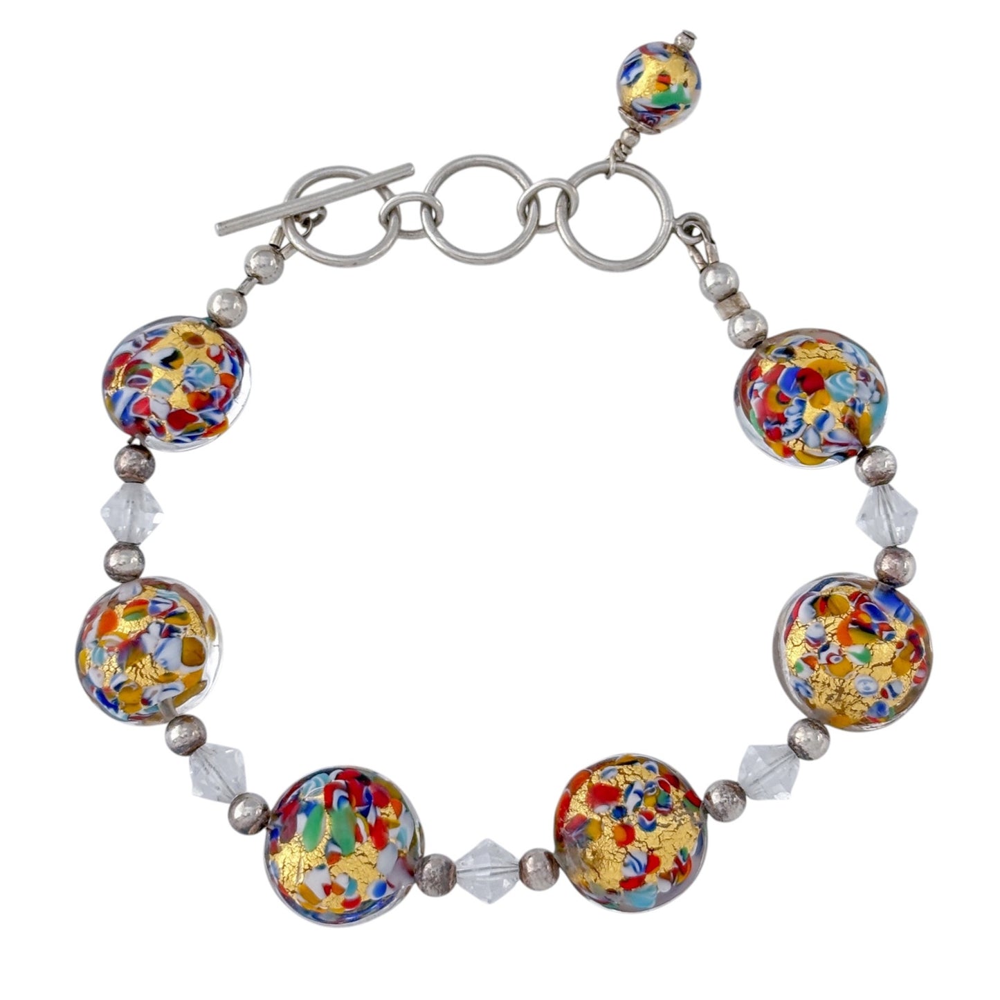 Vintage Sterling Silver 925 Murano Glass Bead Bracelet 7.5-8.5"