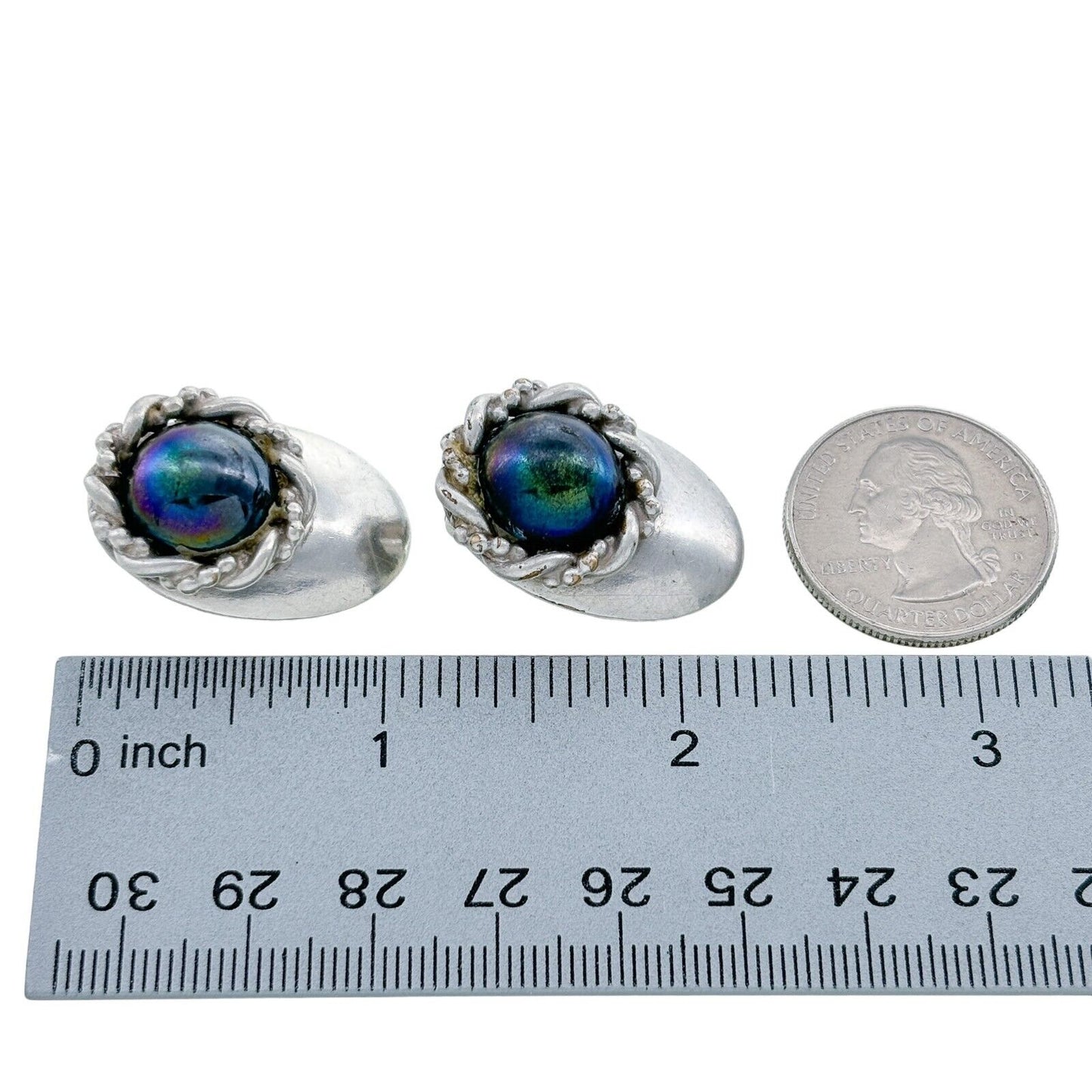 Vintage Silver-Plated Iridescent Glass Cabochon Clip-On Earrings