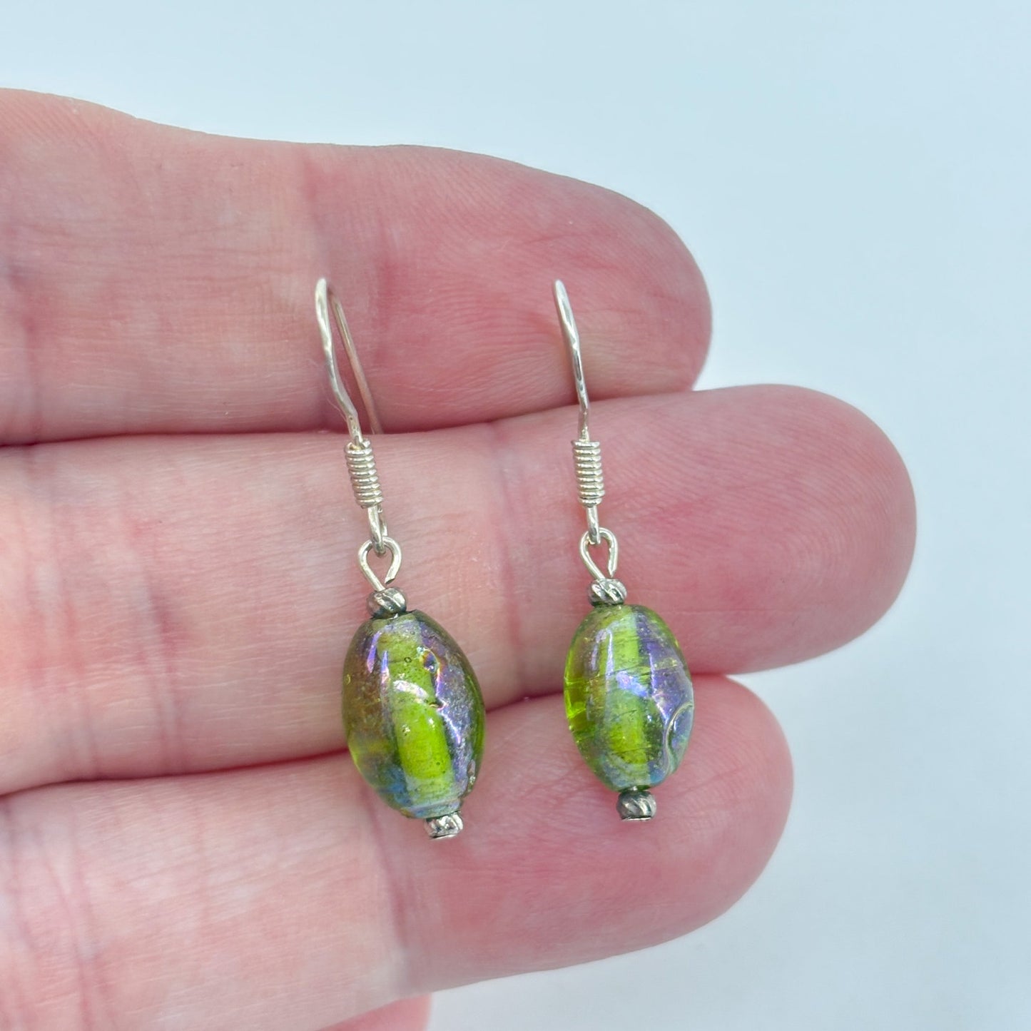 Vintage Sterling Silver 925 Green Glass Bead Drop Earrings