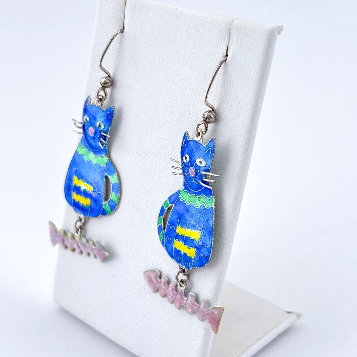 Vintage Sterling Silver 925 Blue Cat Earrings
