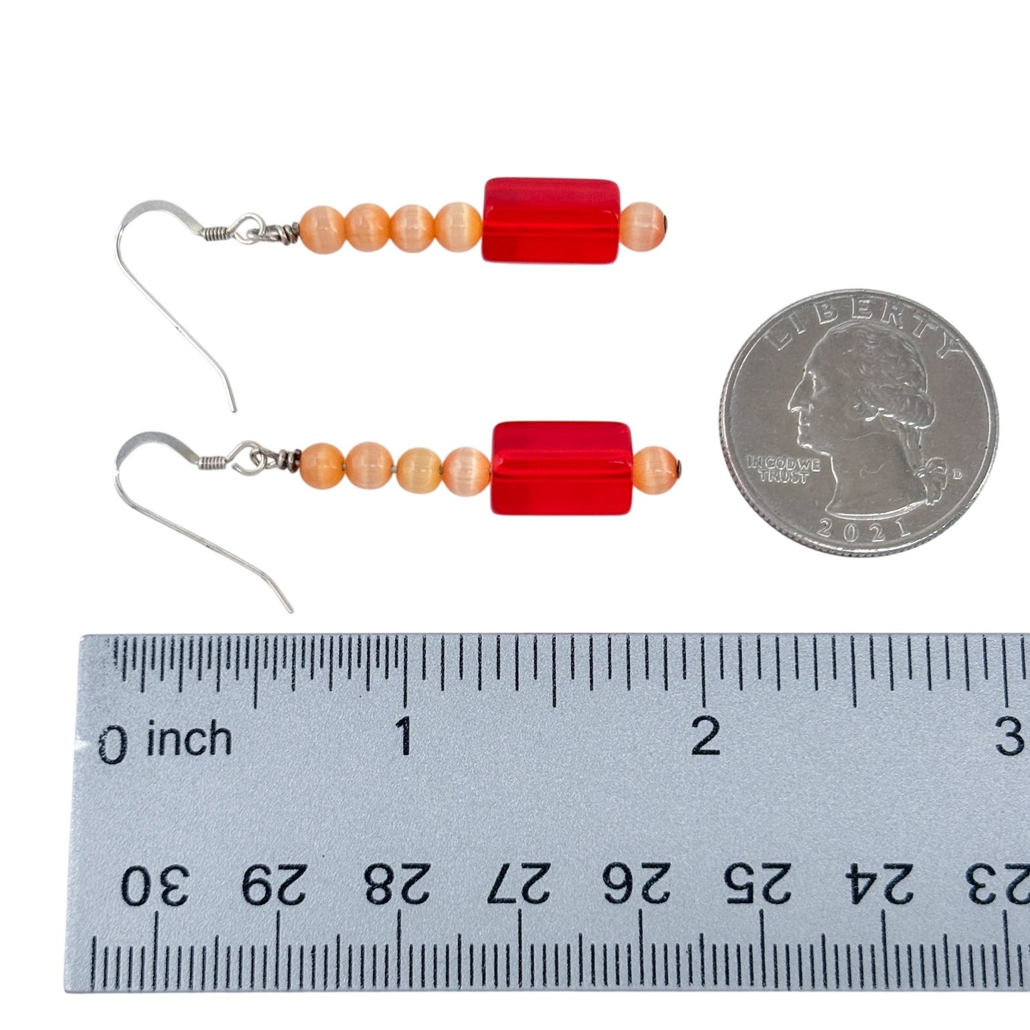 Vintage Sterling Silver 925 Red Glass Bead Drop Earrings