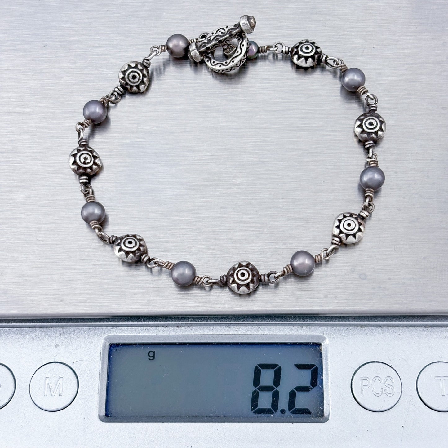 Vintage Sterling Silver 925 Gray Pearl Toggle Bracelet 7"