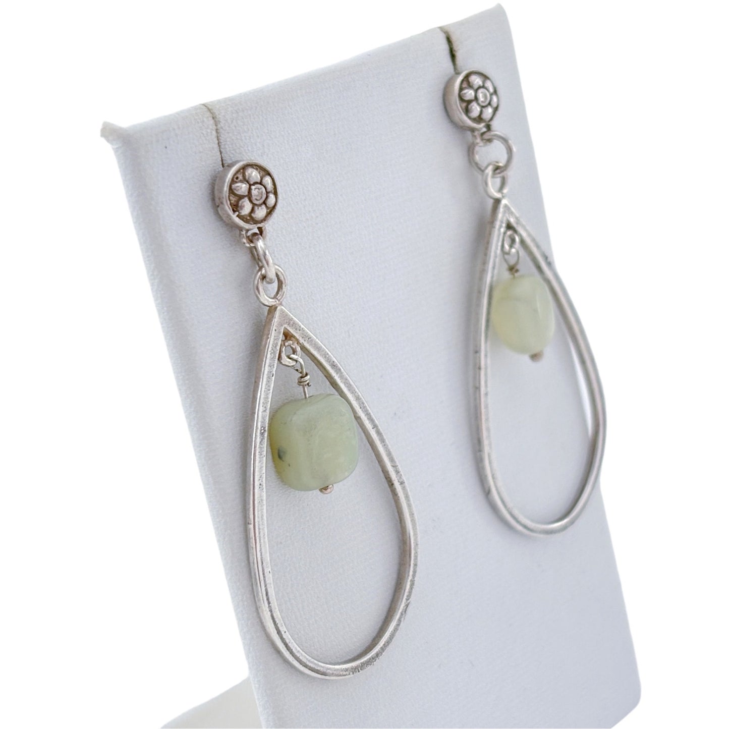 Vintage Sterling Silver 925 Chrysoprase Stone Dangle Open Teardrop Earrings
