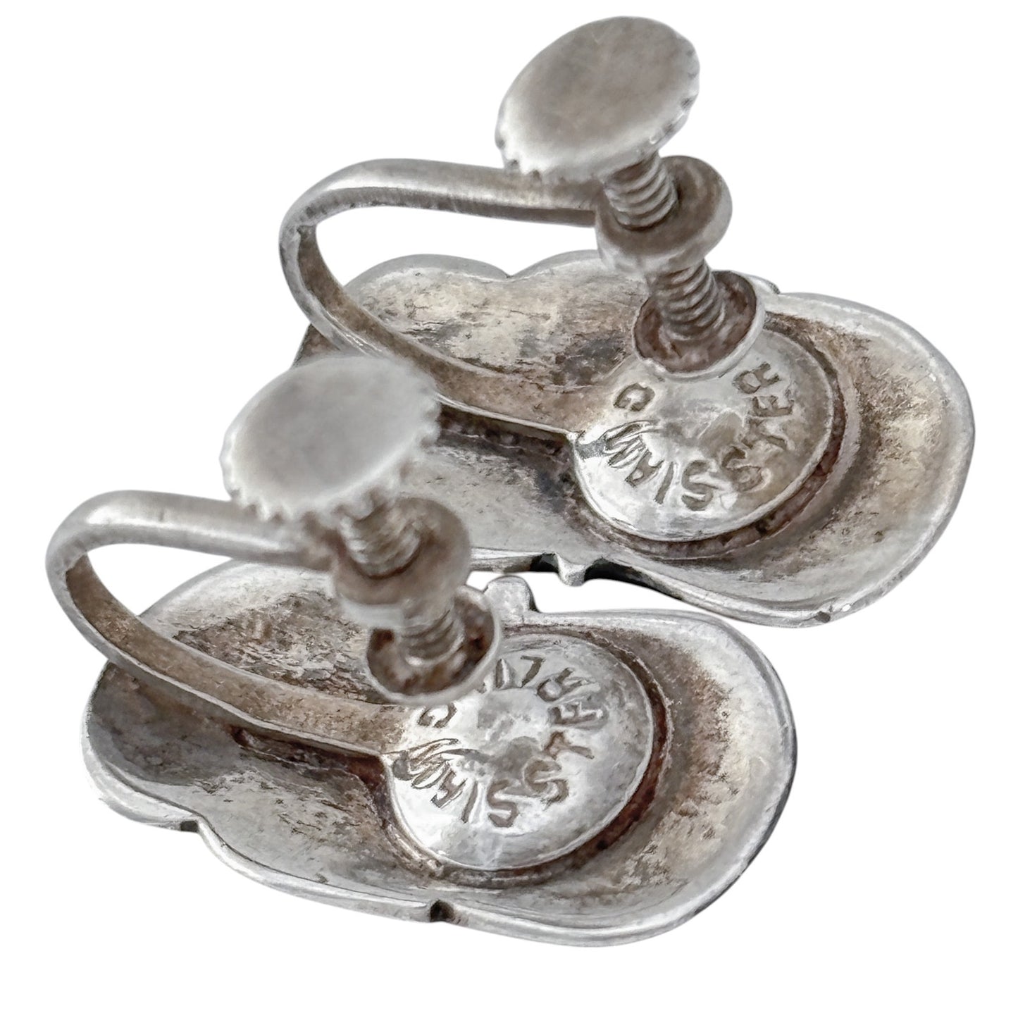 Vintage Siam Sterling Silver 925 Black Niello Dancer Screwback Earrings