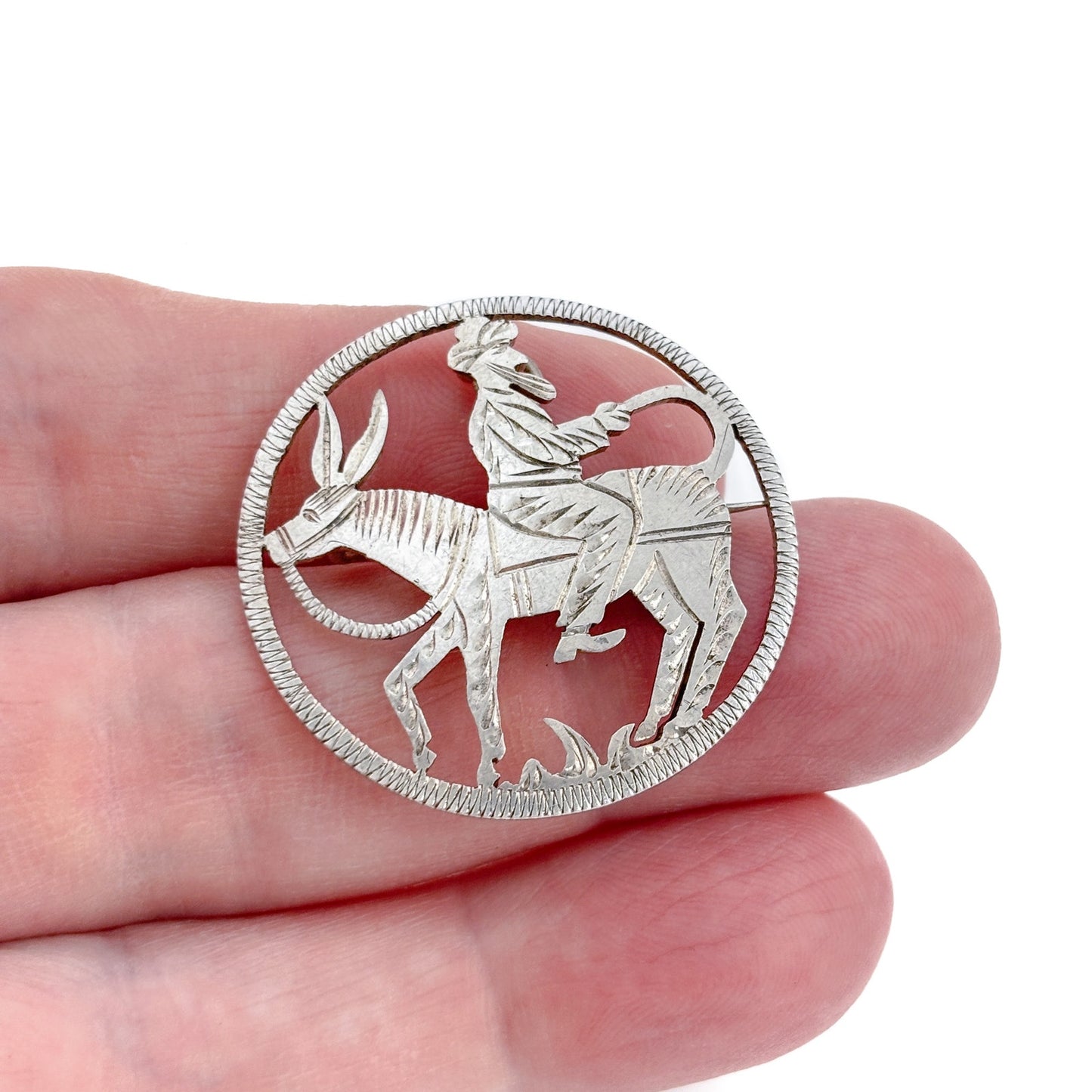 Vintage Sterling Silver 925 Donkey Rider Brooch Pendant