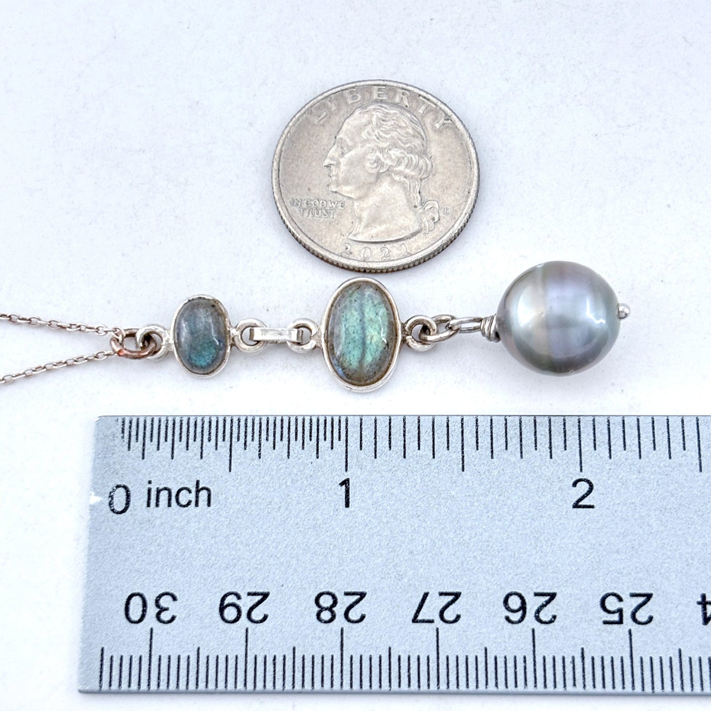 Vintage Sterling Silver 925 Labradorite Pearl Pendant Necklace 18"