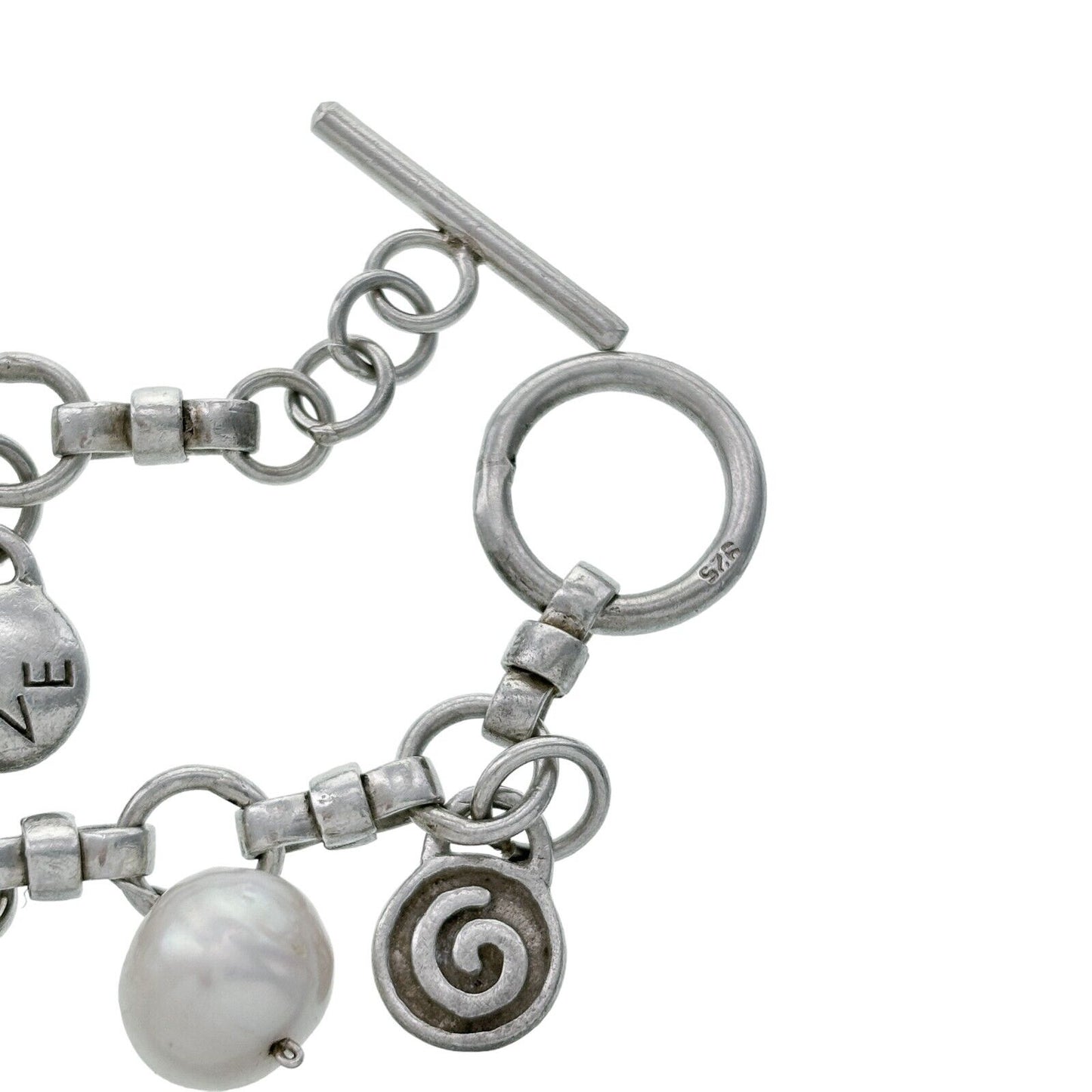 Vintage Sterling Silver 925 Pearls and Spiral Inspirational Charm Bracelet 7.25"