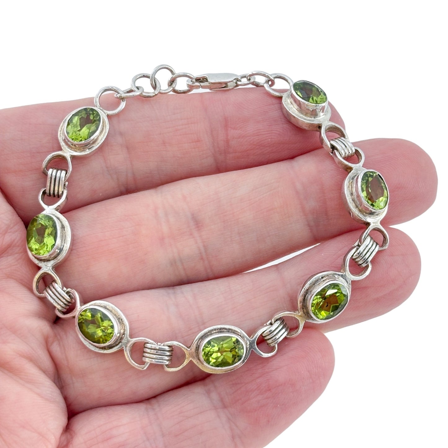 Vintage Sterling Silver 925 Preridot Link Bracelet 7"-7.5"