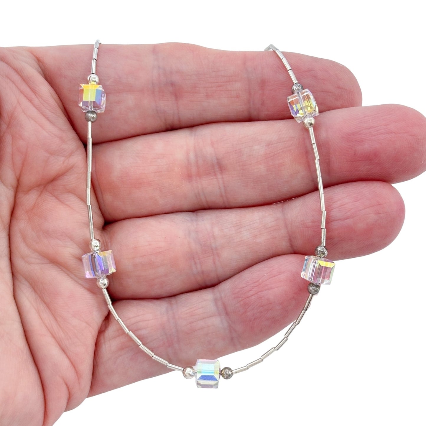 Vintage Sterling Silver 925 Aurora Borealis AB Crystal Necklace 16"-18"