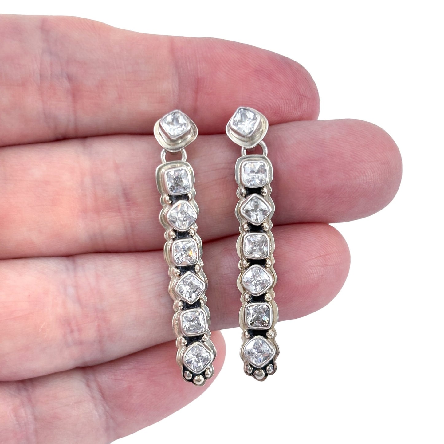 Vintage Sterling Silver 925 Cubic Zirconia Linear Drop Earrings