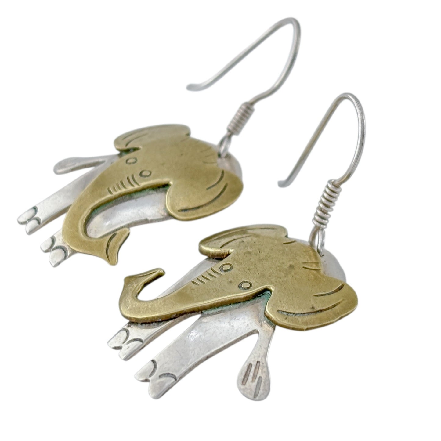 Vintage Mexico Taxco Sterling Silver 925 Brass Elephant Dangle Earrings