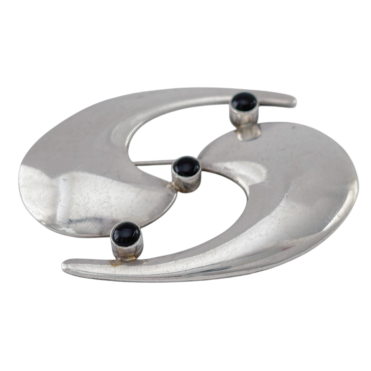 Vintage Sterling Silver 925 Abstract Swirl Onyx Brooch