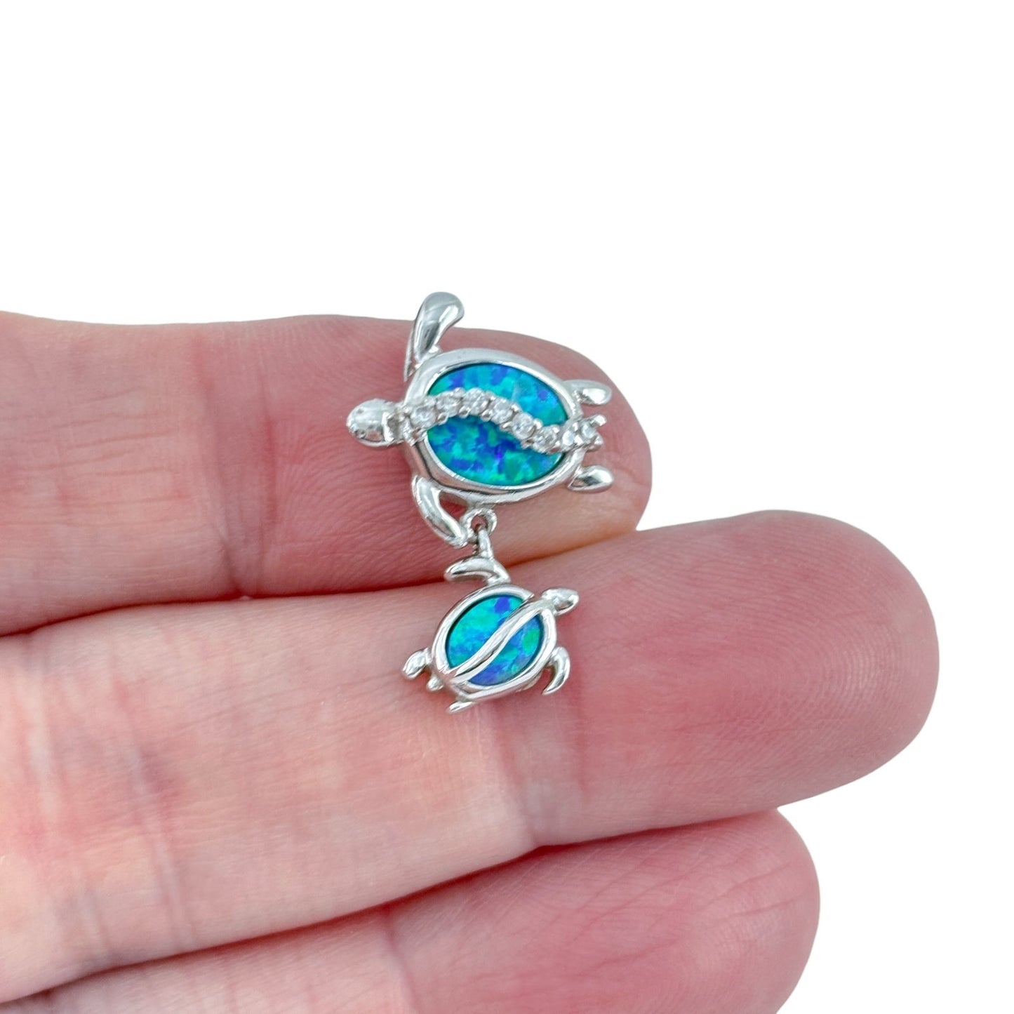 Vintage Sterling Silver 925 Opal CZ Turtle Mother Baby Pendant