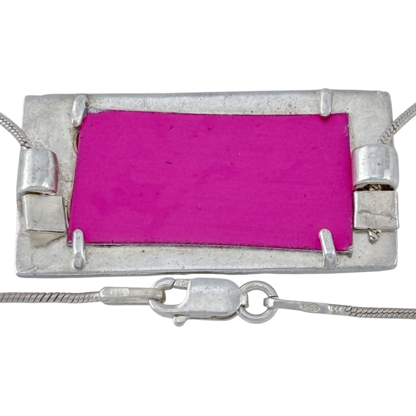 Vintage Sterling Silver Rectangular Pink Enamel Pendant Necklace 16.5"