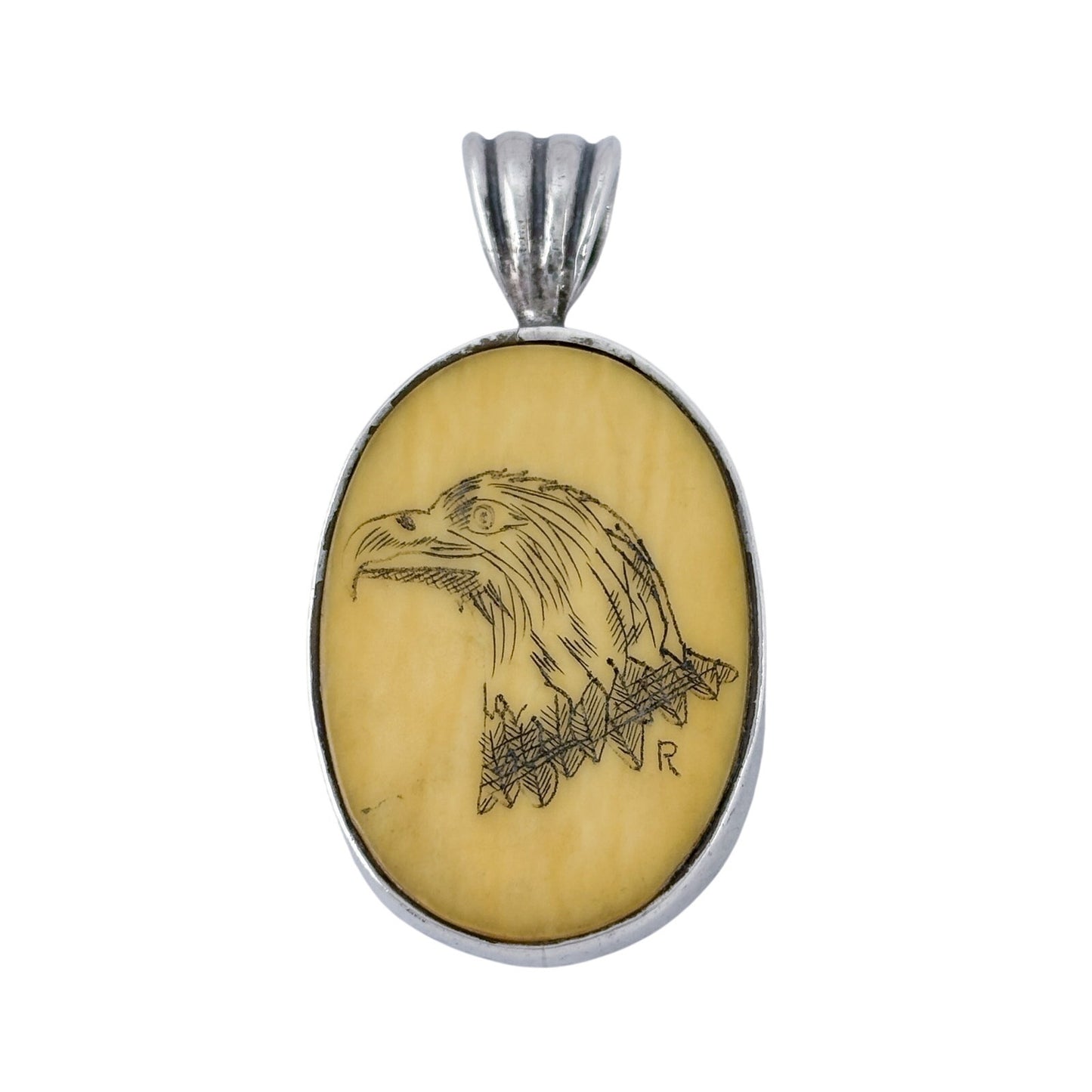 Vintage Sterling Silver 925 Etched Eagle Scrimshaw Pendant