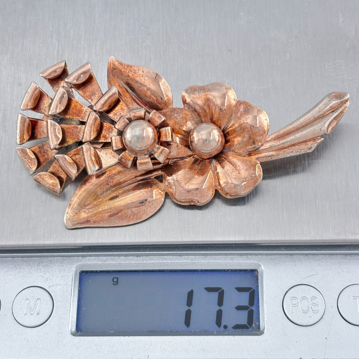 Vintage Rose Gold Vermeil Sterling Silver Double Flower Brooch