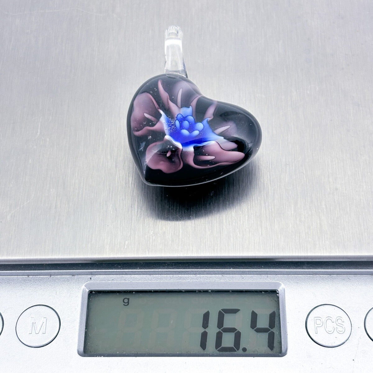 Purple Glass Heart Pendant with Blue Floral Design