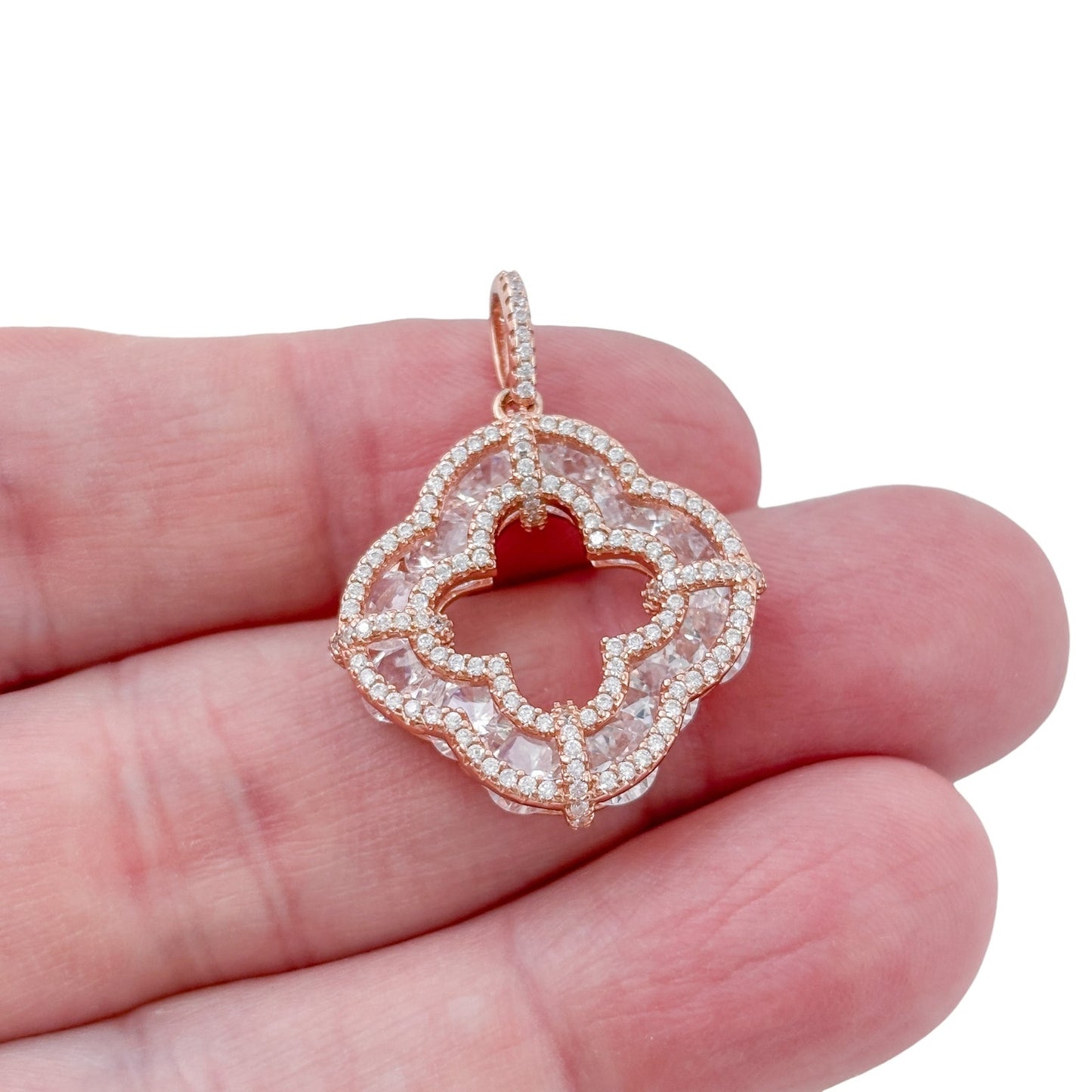 Vintage Rose Gold-Tone Sterling Silver 925 Cubic Zirconia Quatrefoil Pendant