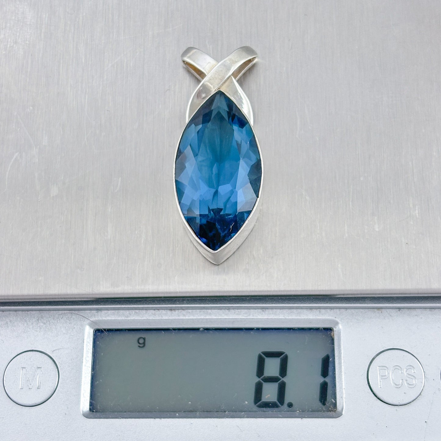 Vintage Sterling Silver 925 Blue Glass Marquise Pendant