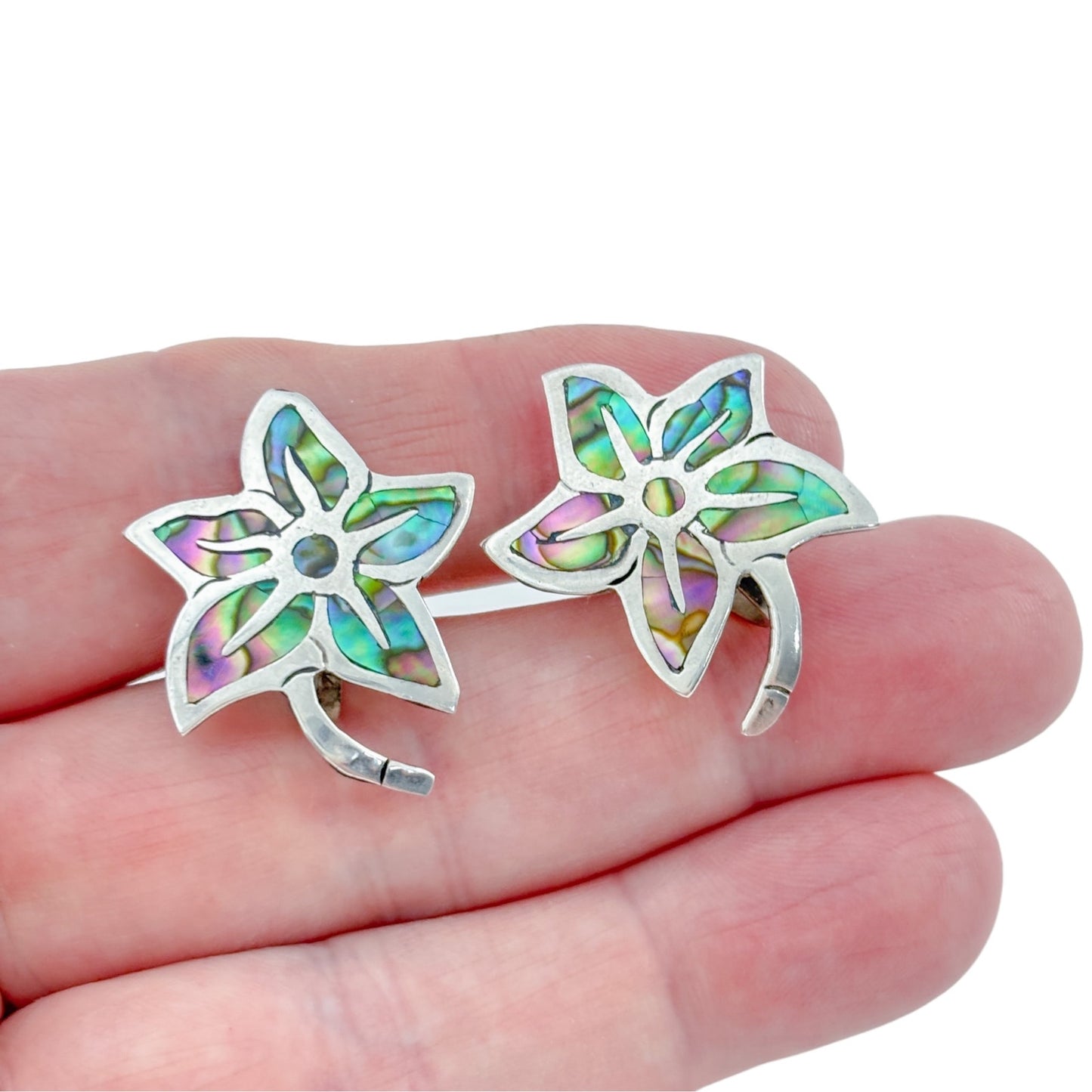 Vintage Mexico Taxco Sterling Silver 925 Abalone Flower Screwback Earrings
