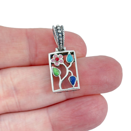 Vintage Sterling Silver 925 Multicolor Stone Flower Pendant