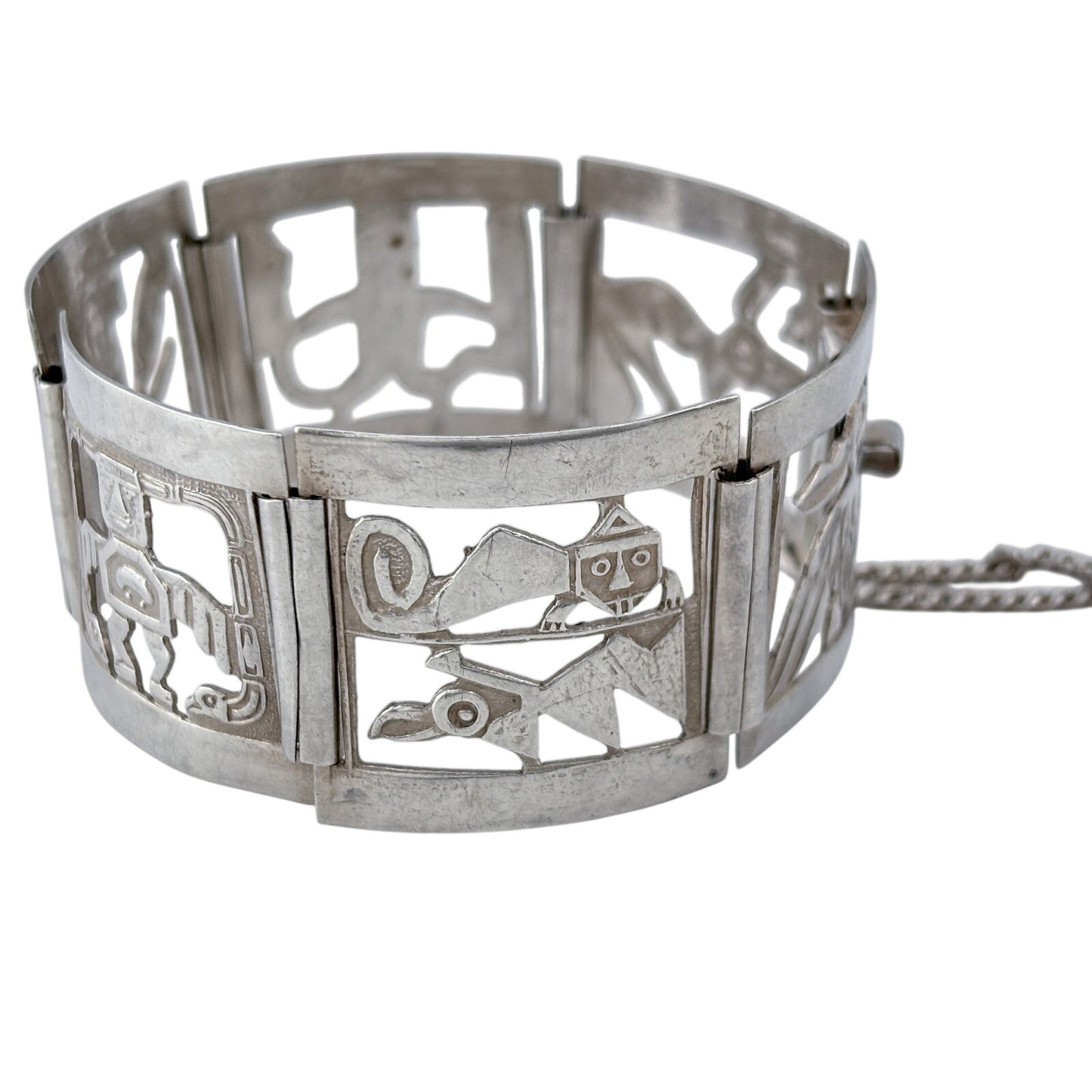 Vintage Sterling Silver 925 Peruvian Storyteller Panel Link Bracelet 7"