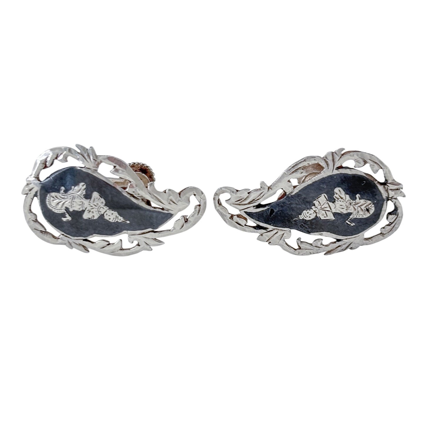 Vintage Sterling Silver 925 Siam Niello Dancer Screw Back Earrings