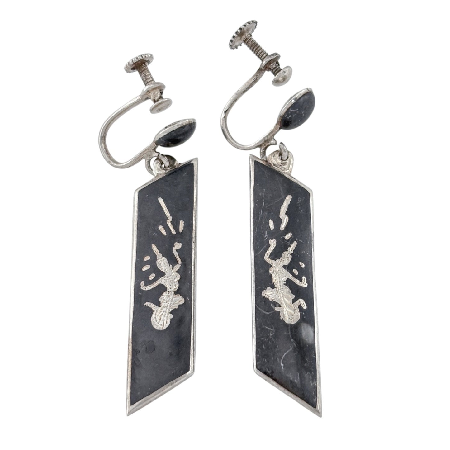 Vintage Sterling Silver 925 Black Siam Niello Long Drop Earrings