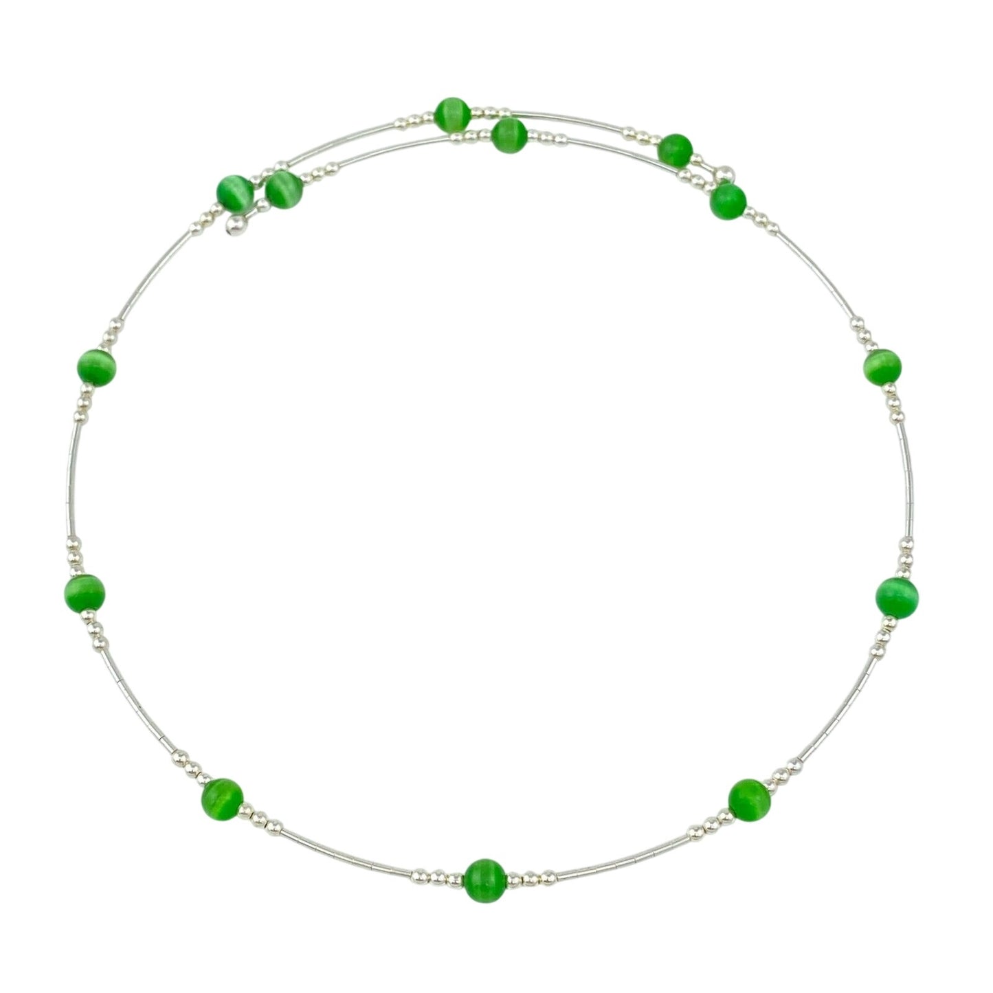 Vintage Sterling Silver 925 Green Cat’s Eye Memory Wire Necklace 16"