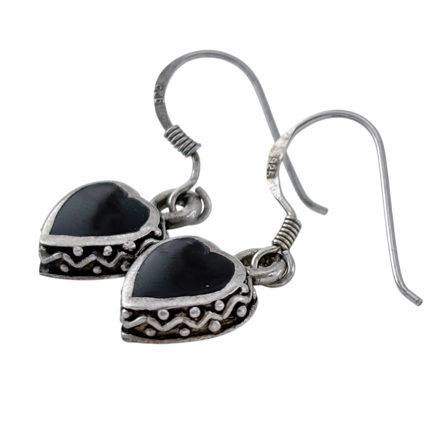 Vintage Sterling Silver 925 Black Onyx Heart Dangle Earrings