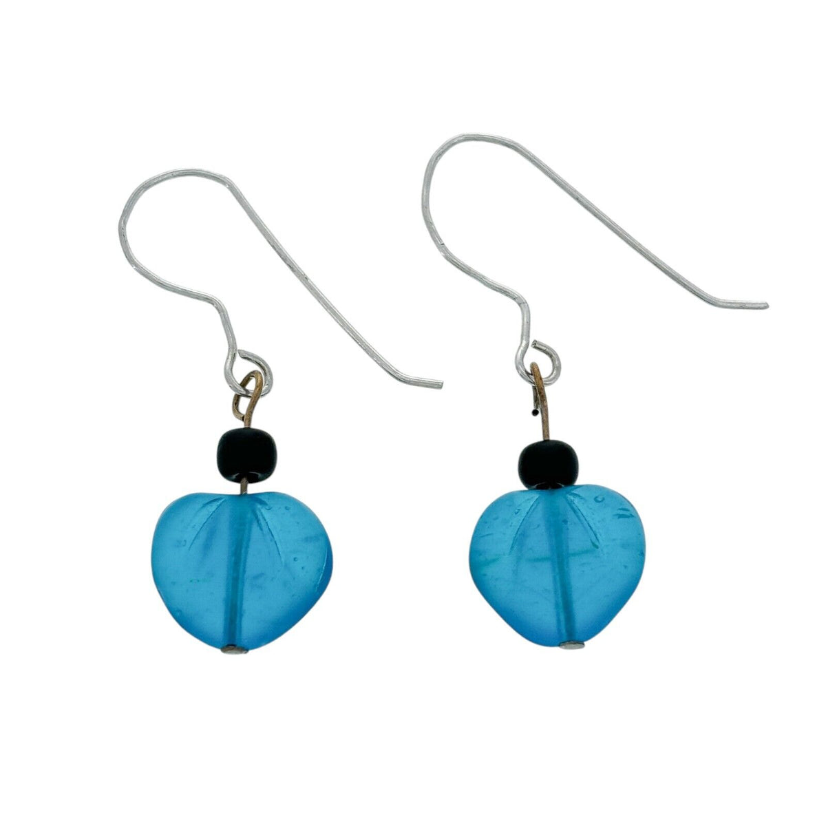 Vintage Silver Tone Blue Sea Glass Heart Dangle Earrings