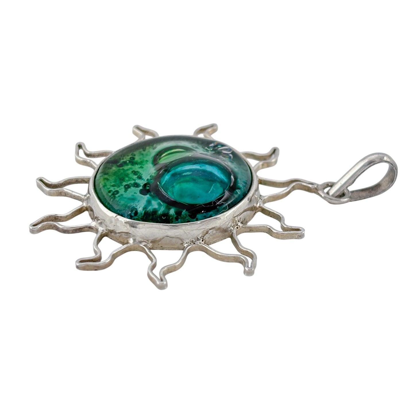 Vintage Sterling Silver 925 Green Glass Sun Pendant