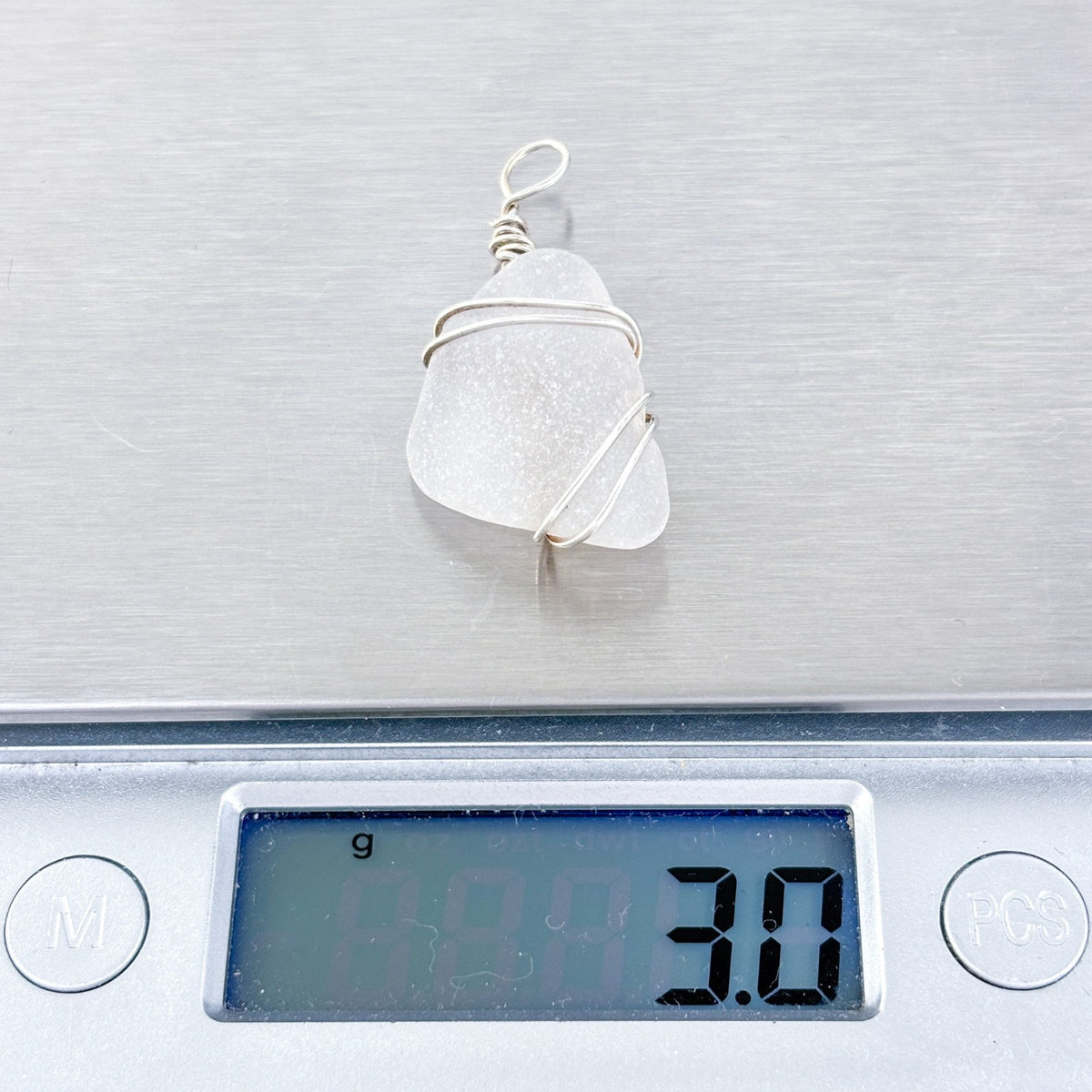 Vintage Silver Plated Frosted White Sea Glass Wire Wrapped Pendant