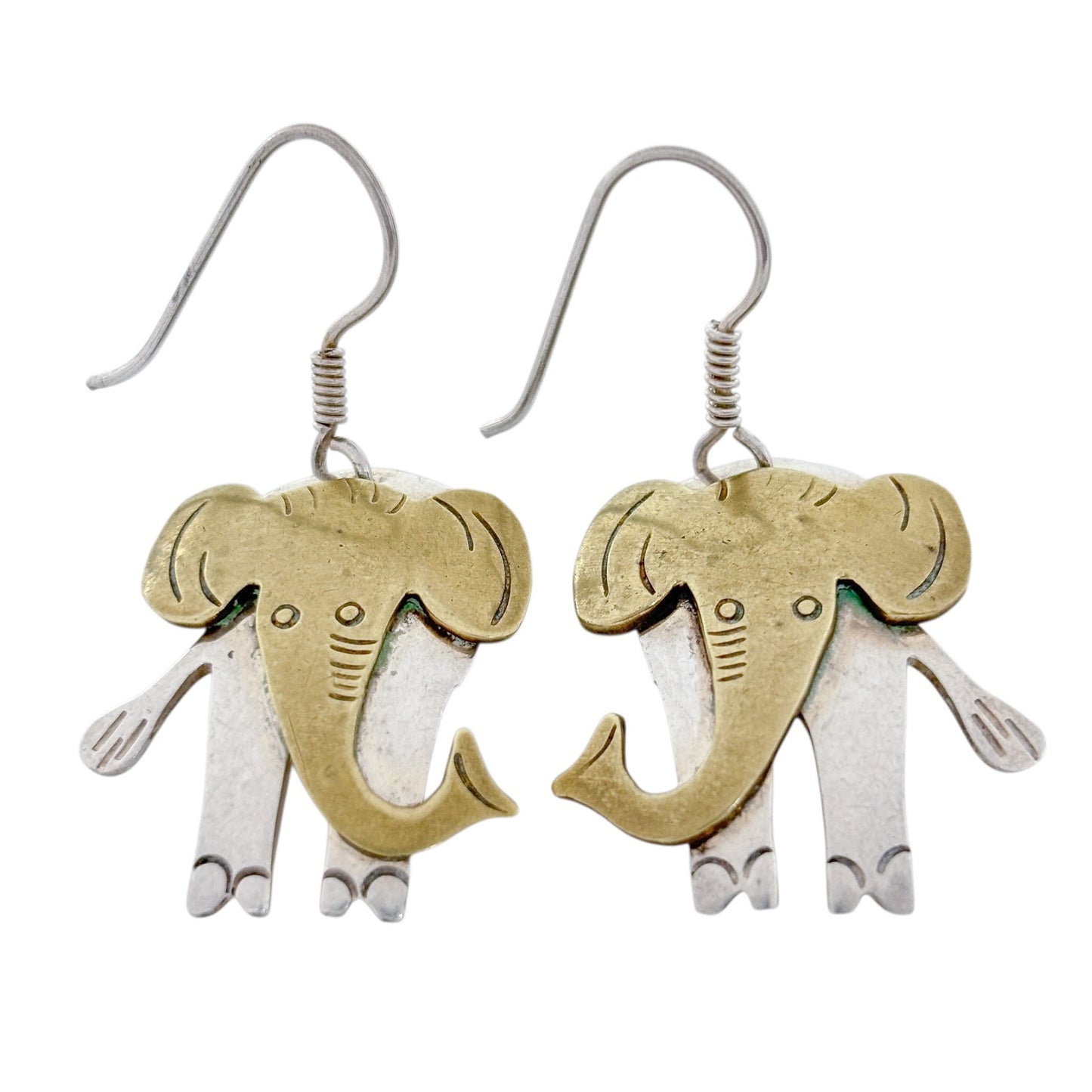 Vintage Mexico Taxco Sterling Silver 925 Brass Elephant Dangle Earrings