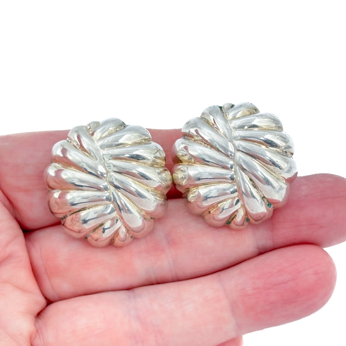 Vintage Sterling Silver 925 Ribbed Dome Clip On Earrings