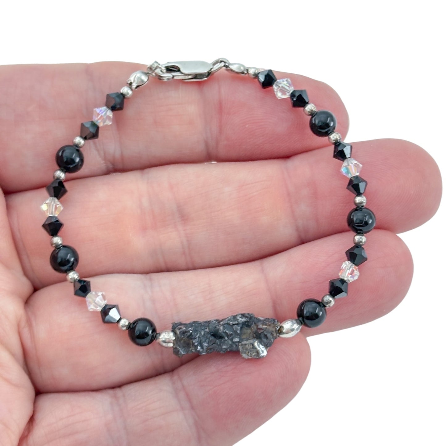 Vintage Sterling Silver 925 Black Crystal Quartz Beaded Bracelet 6.5"