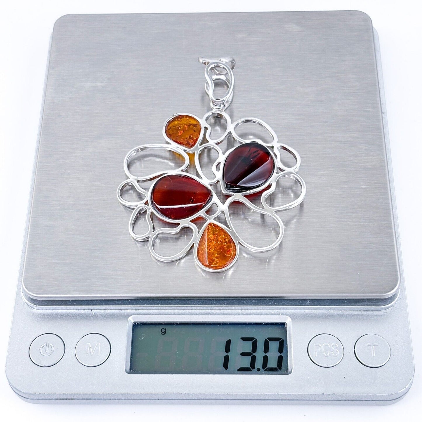 Vintage SML Sterling Silver 925 7cm Multi-Tone Amber Teardrop Pendant