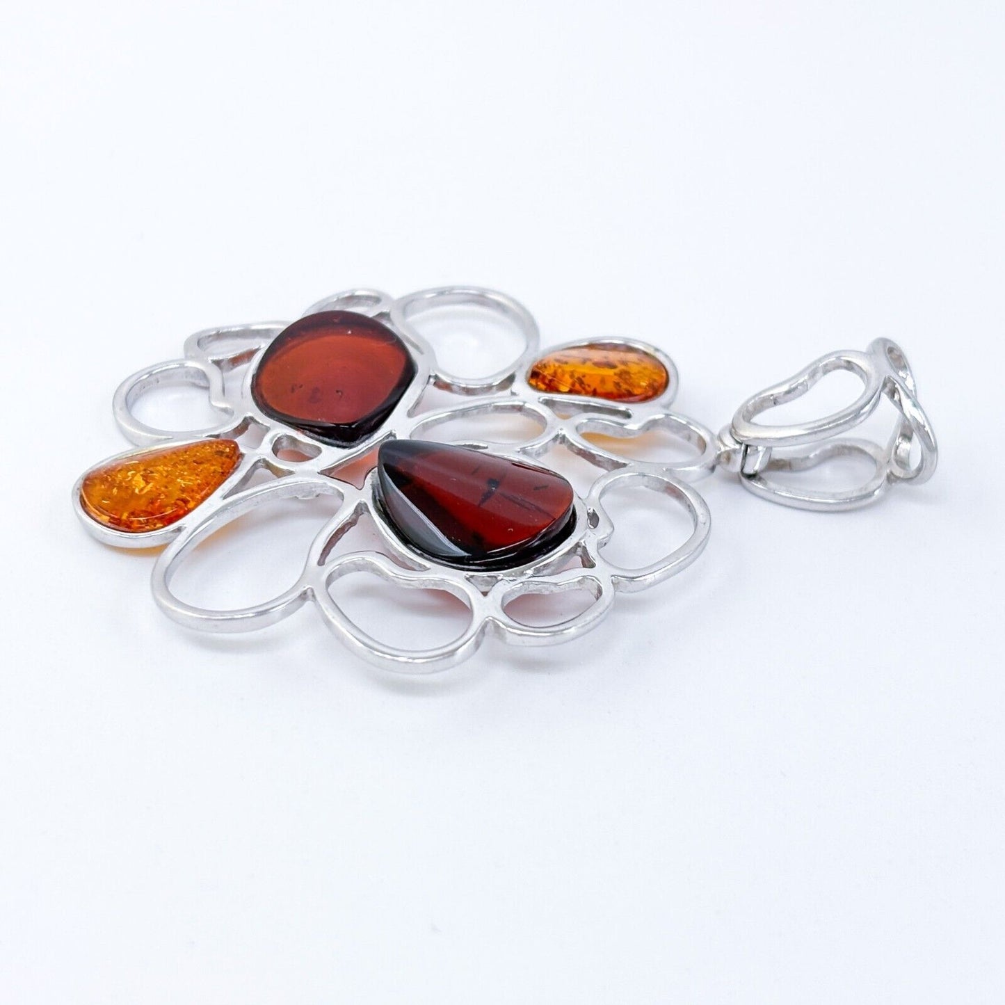 Vintage SML Sterling Silver 925 7cm Multi-Tone Amber Teardrop Pendant