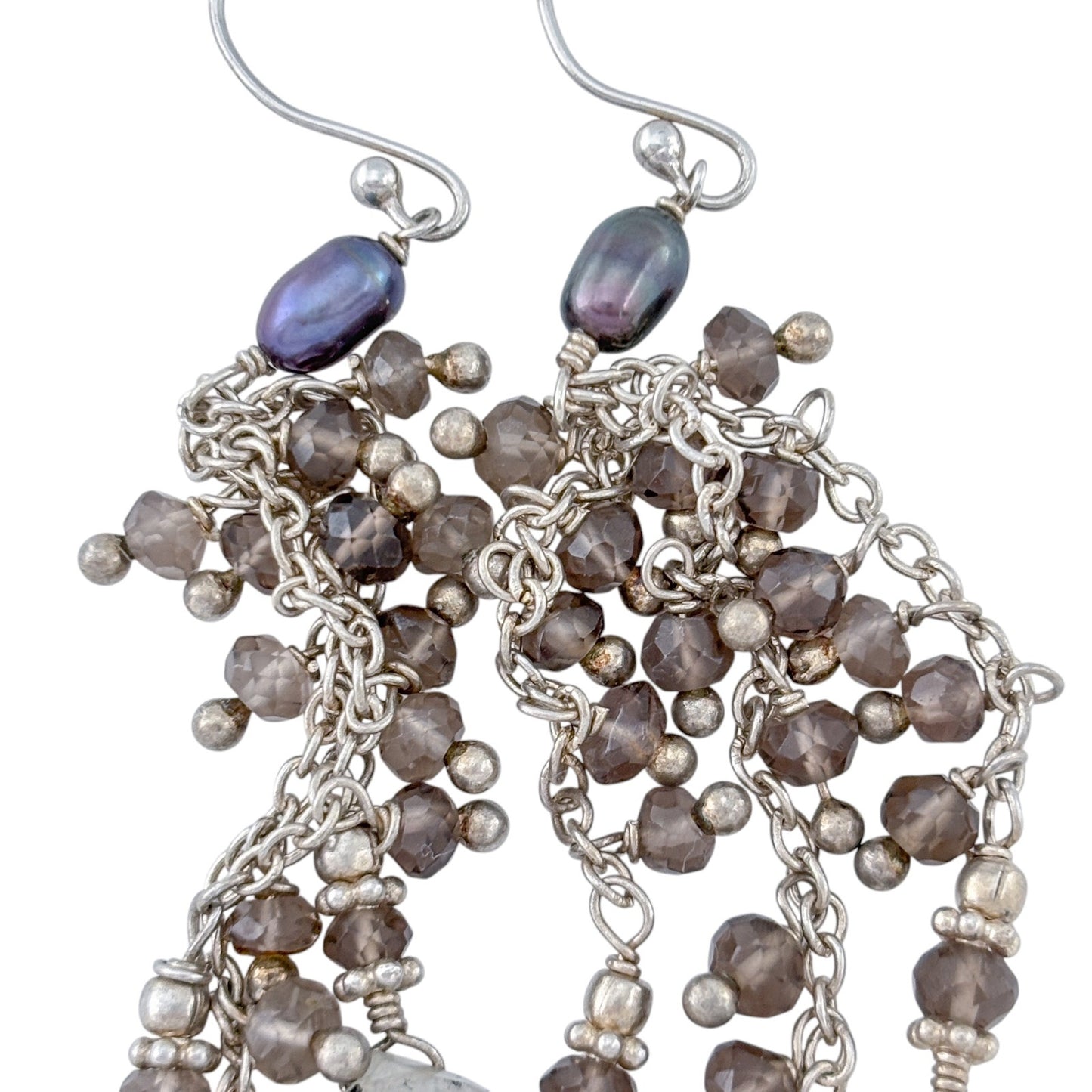 Vintage Sterling Silver 925 Rutilated Smoky Quartz Pearl Dangle Earrings