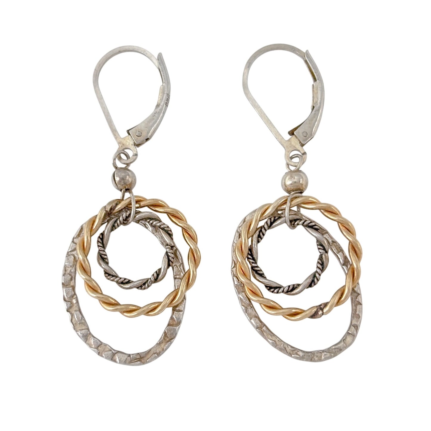 Vintage Sterling Silver 925 Two Tone Hoop Dangle Earrings