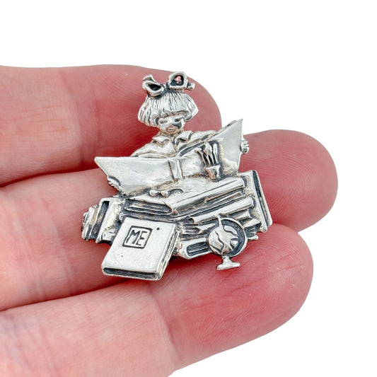 Vintage Sterling Silver 925 Mary Engelbreit Girl Reading Brooch
