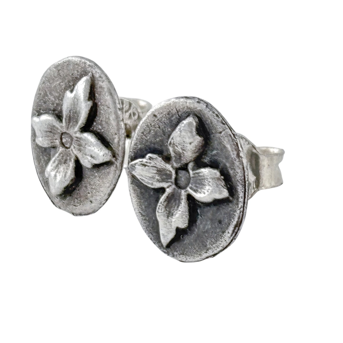 Vintage Sterling Silver 925 Floral Oval Stud Earrings
