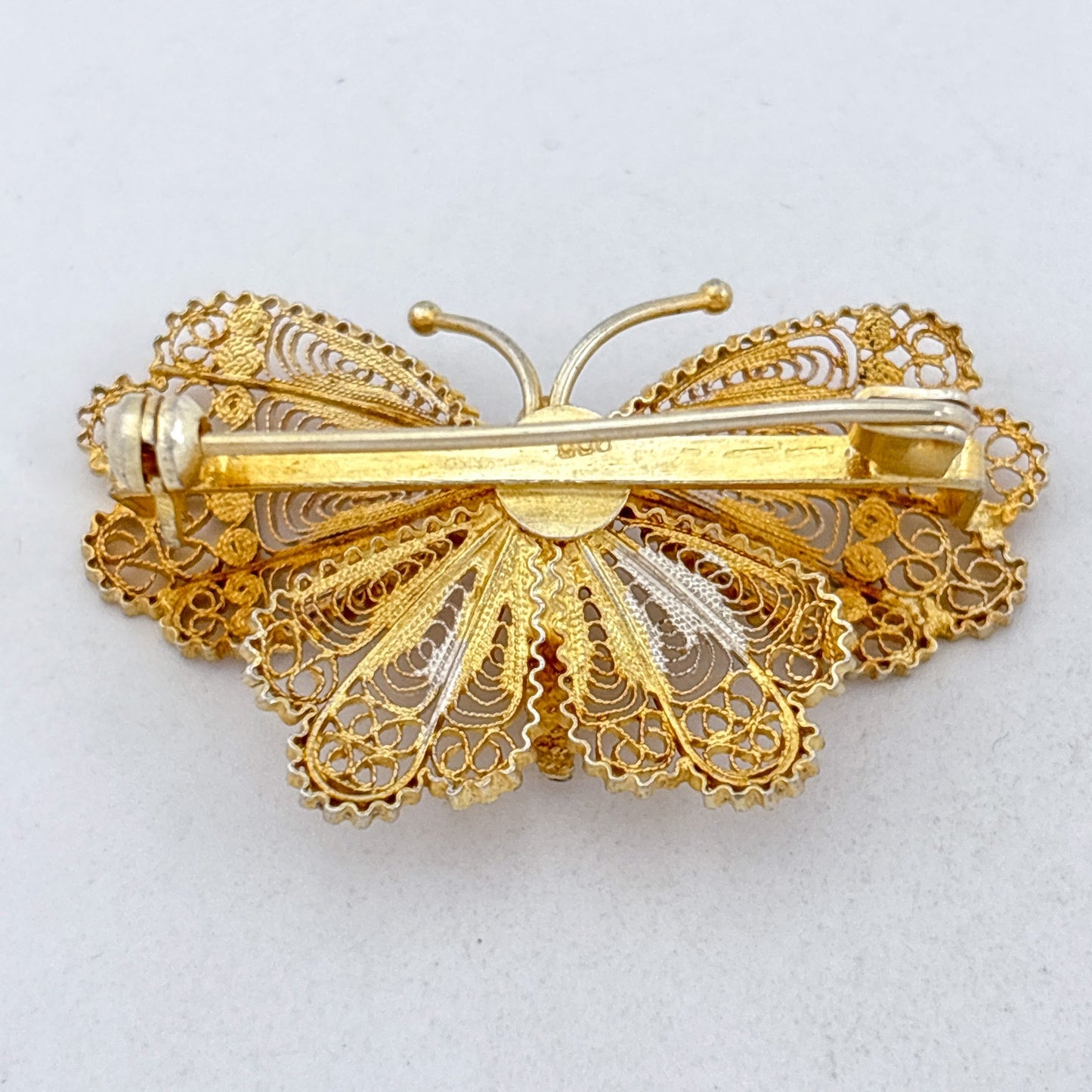 Vintage Sterling Silver 950 Gilt Filigree Butterfly Brooch