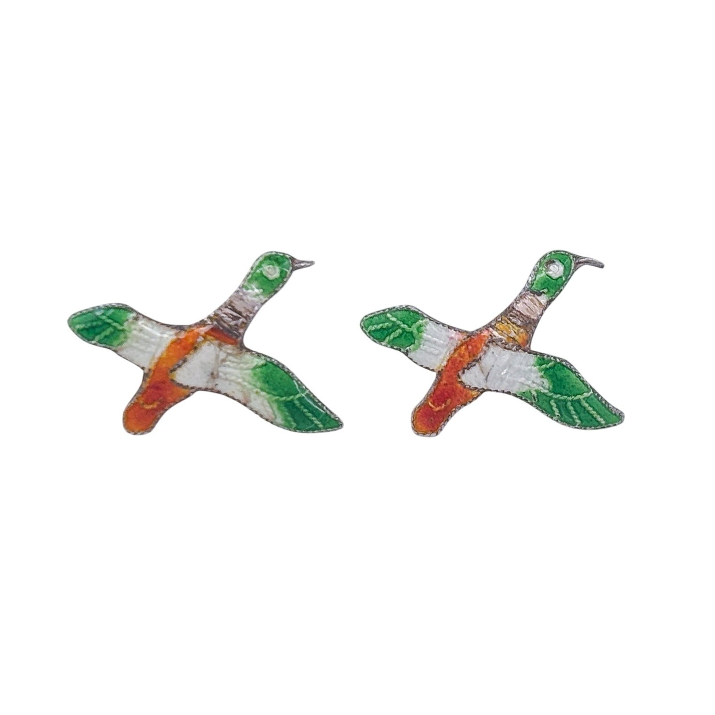Vintage Sterling Silver 925 Flying Duck Enamel Stud Earrings