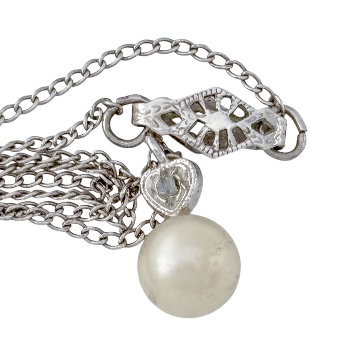 Vintage Sterling Silver 925 Diamond Pearl Drop Pendant Necklace 15"