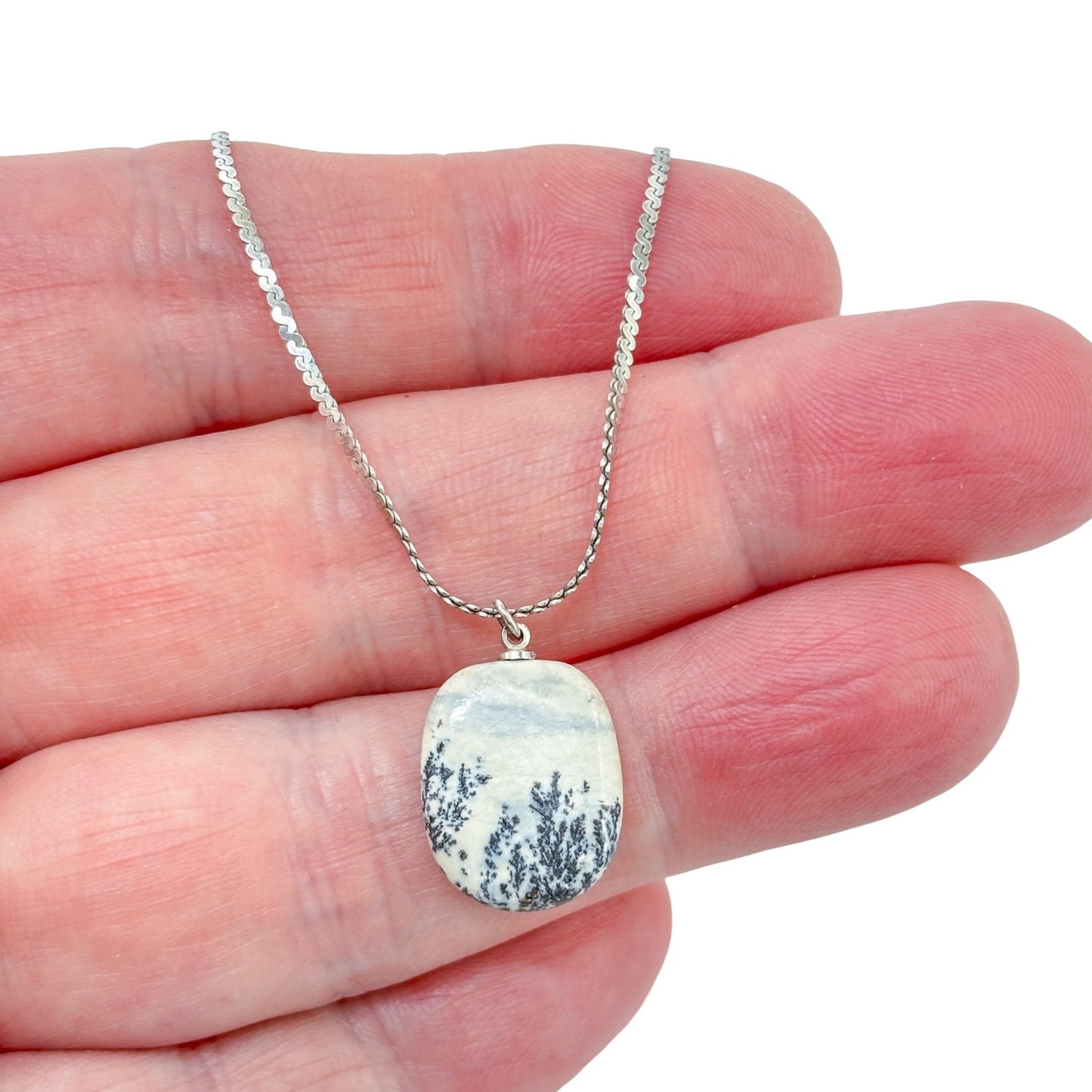 Vintage Sterling Silver 925 Dendritic Agate Pendant 16"