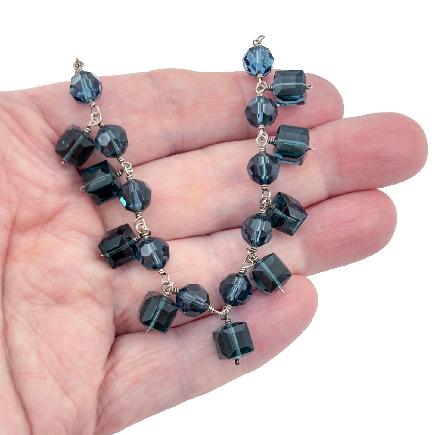 Vintage Sterling Silver 925 Blue Crystal Necklace 16"-17.25"